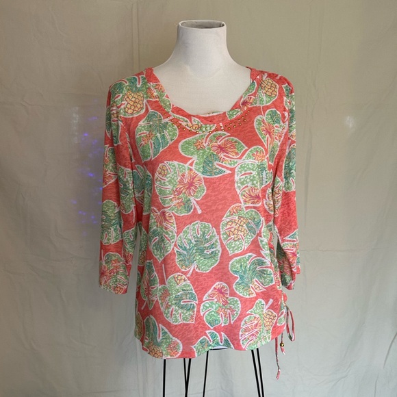 hearts of palm Tops - Hearts of Palm tropical print blouse embellished neck coral lime pineapple large